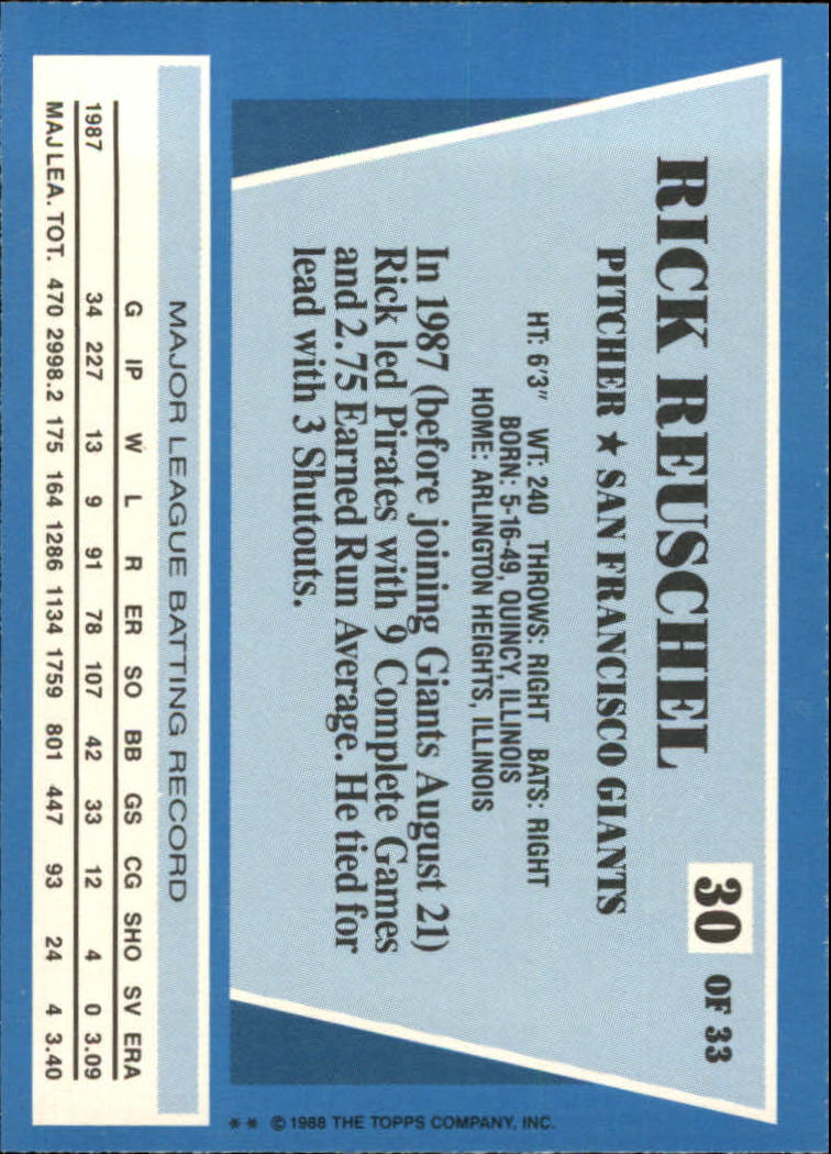 1988 Topps Rite-Aid Team MVP's #30 Rick Reuschel back image