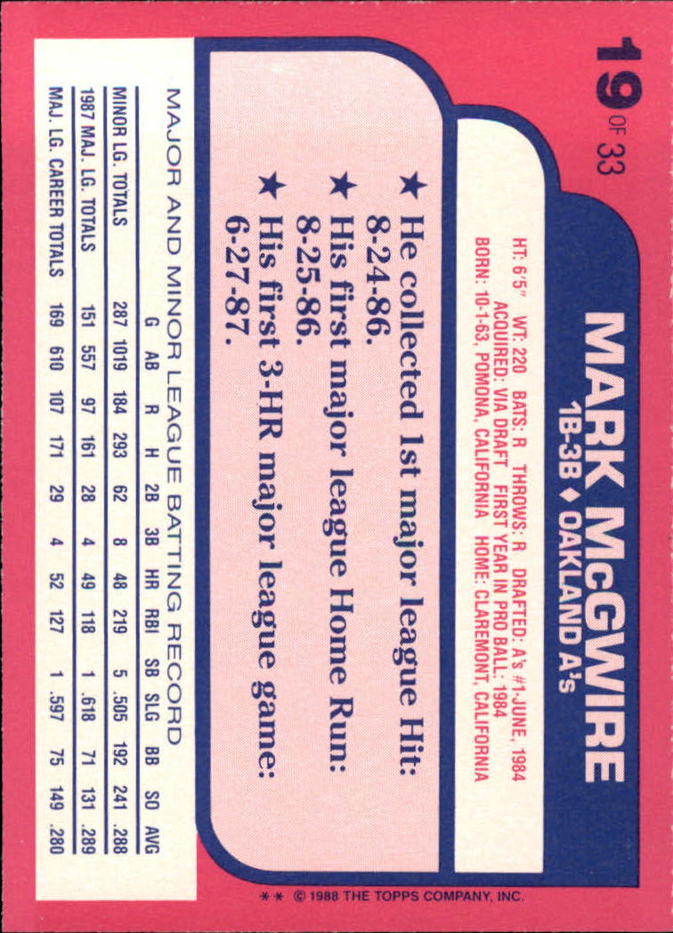 1988 Toys'R'Us Rookies #19 Mark McGwire back image