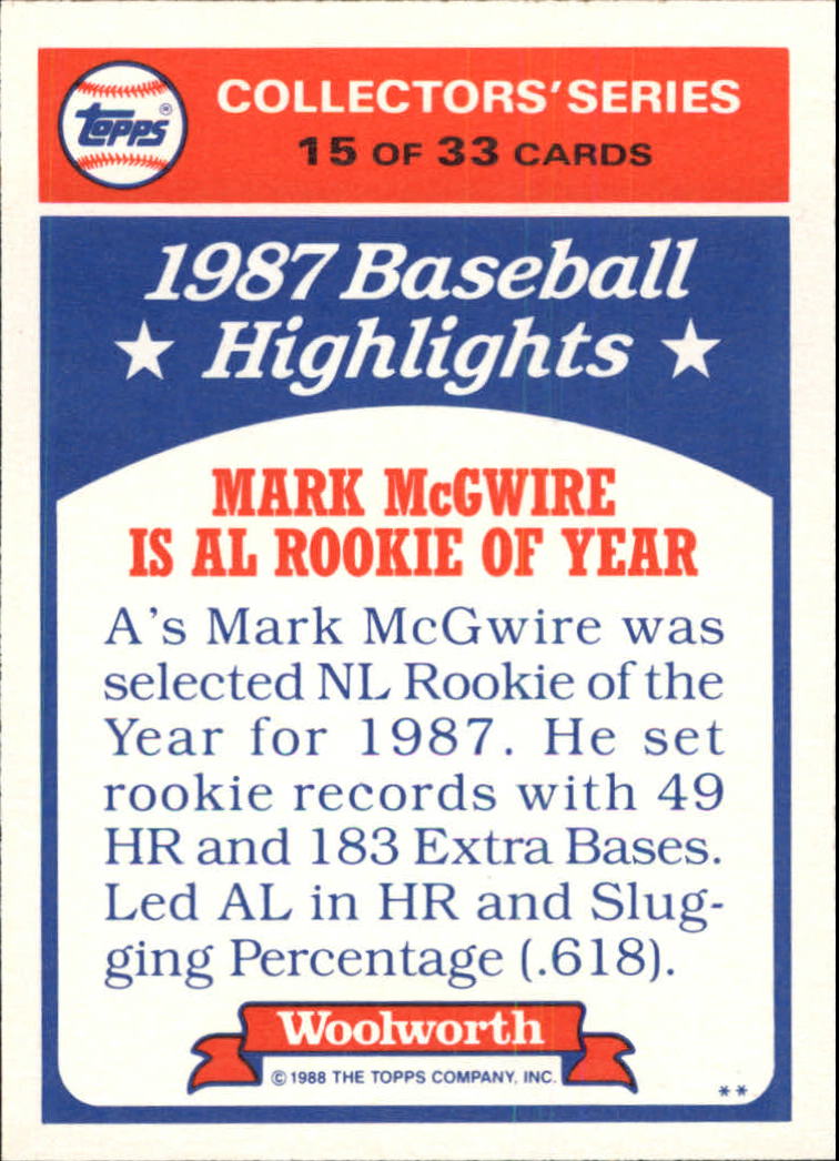 1988 Woolworth's Topps #15 Mark McGwire UER/(Referenced on card/back as NL back image