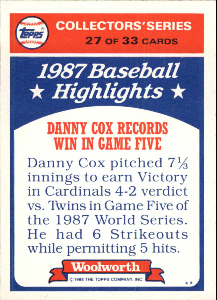 1988 Woolworth's Topps #27 Danny Cox WS5 back image