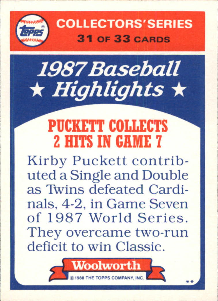 1988 Woolworth's Topps #31 Kirby Puckett WS7 back image