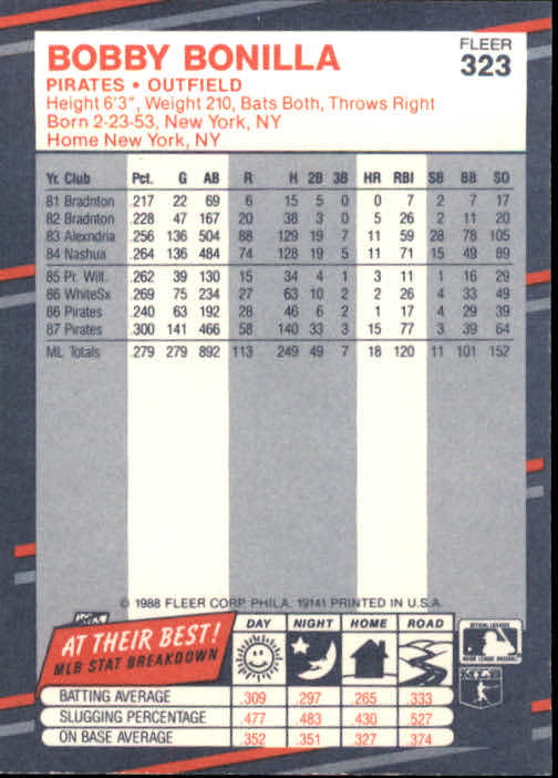 1988 Fleer Baseball Card Bobby Bonilla Pittsburgh Pirates #323