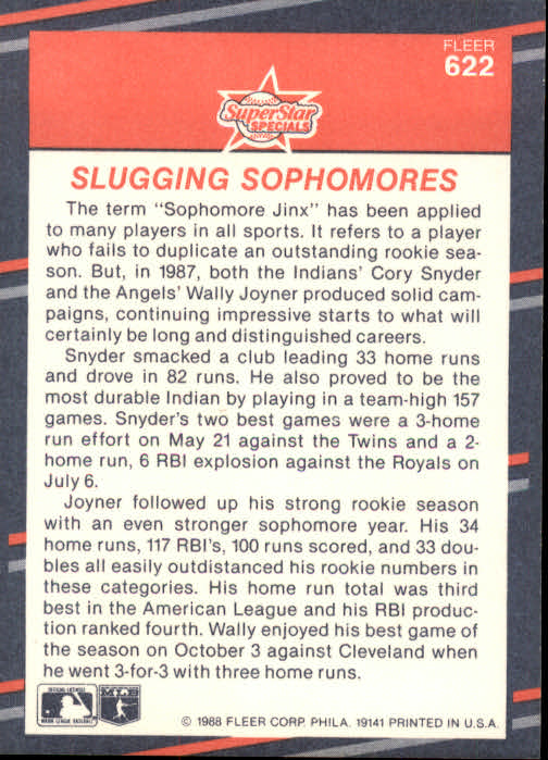 1988 Fleer #622 Wally Joyner/Cory Snyder back image