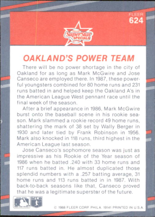 1988 Fleer Glossy #624 M.McGwire/J.Canseco back image