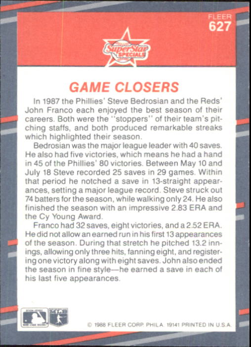 1988 Fleer Glossy #627 Game Closers/John Franco/Steve Bedrosian back image