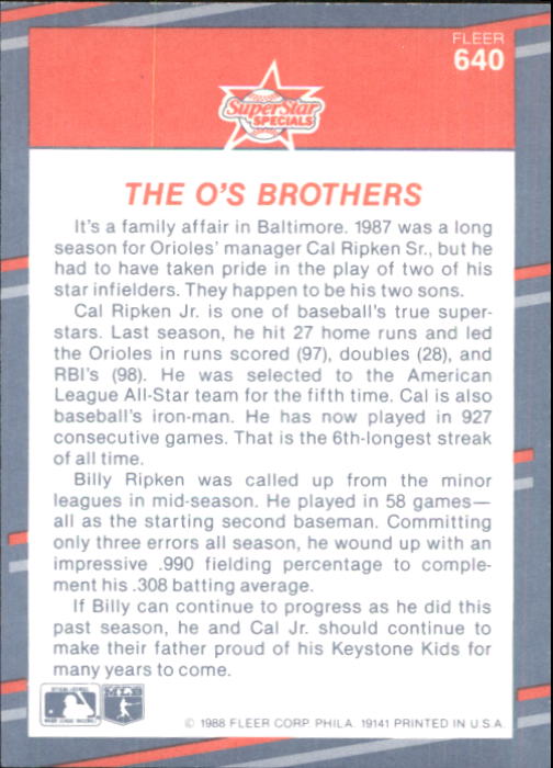 1988 Fleer Glossy #640 The Ripken Brothers back image