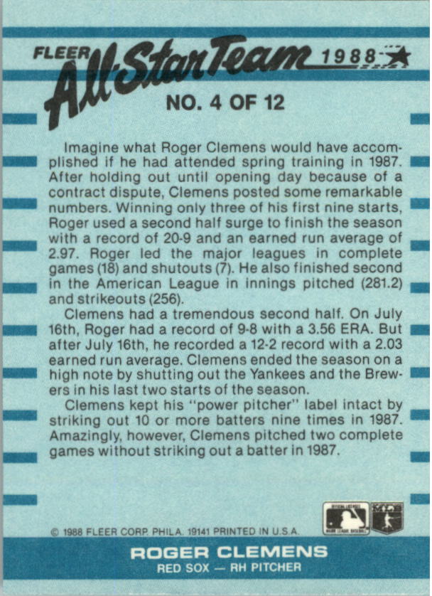 1988 Fleer All-Stars #4 Roger Clemens back image