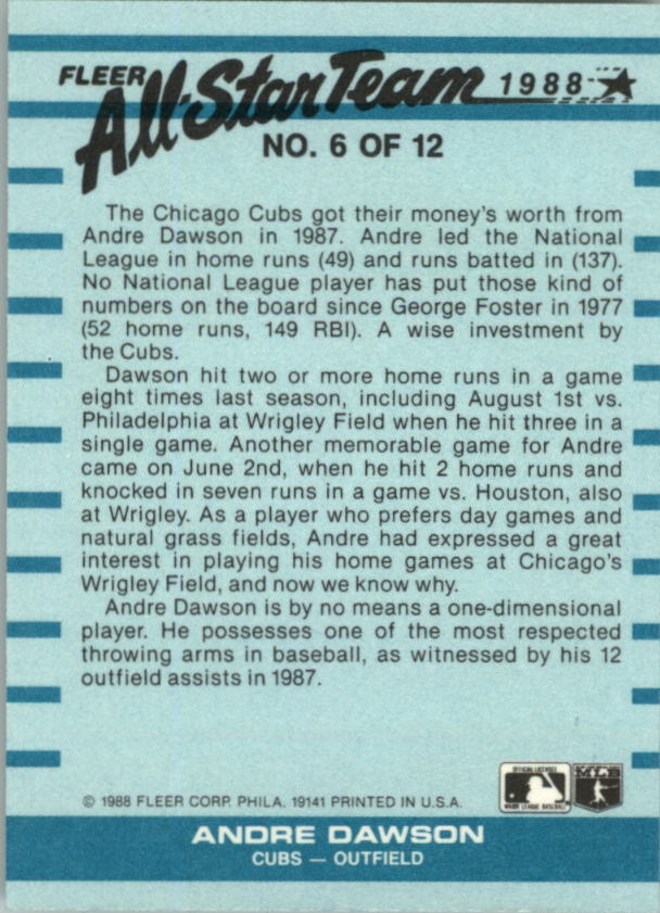 1988 Fleer All-Stars #6 Andre Dawson back image