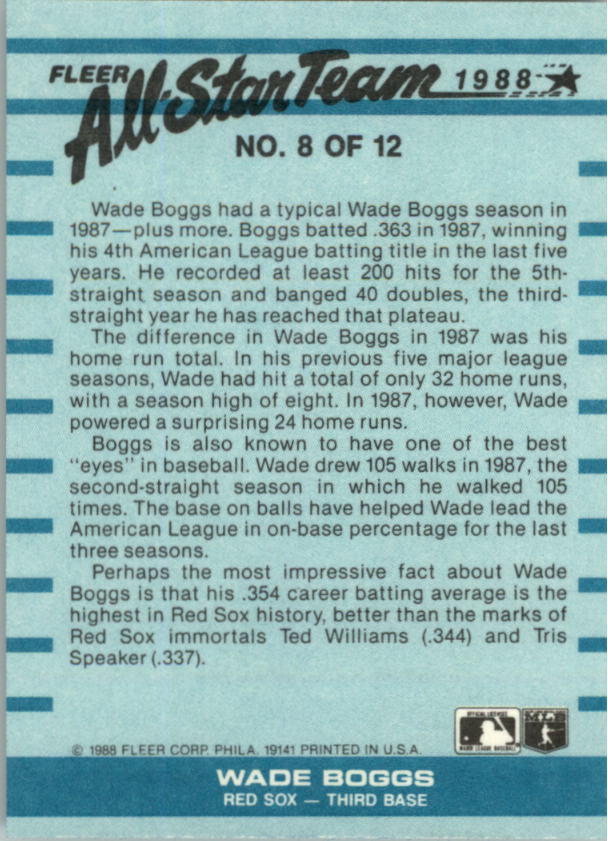 1988 Fleer All-Stars #8 Wade Boggs back image