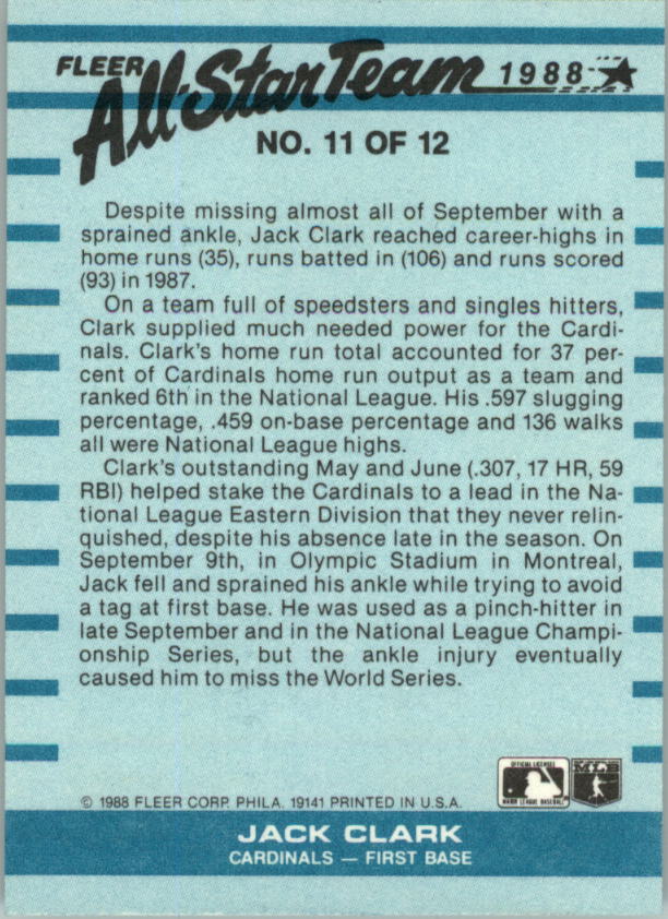 1988 Fleer All-Stars #11 Jack Clark back image