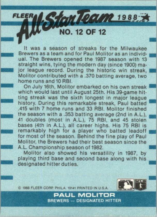 1988 Fleer All-Stars #12 Paul Molitor back image