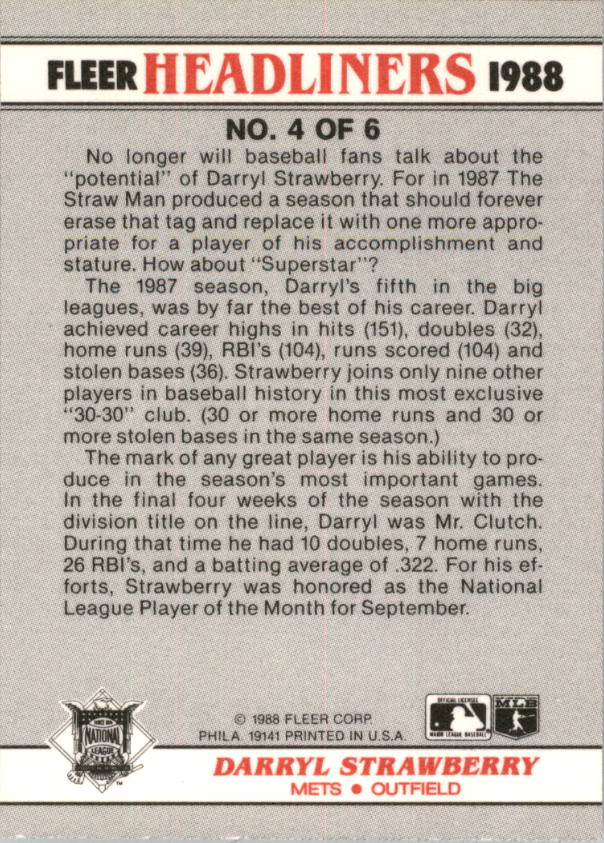 1988 Fleer Headliners #4 Darryl Strawberry back image