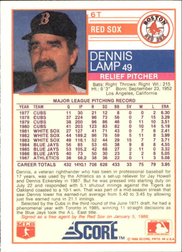 1988 Score Rookie/Traded Glossy #6T Dennis Lamp back image