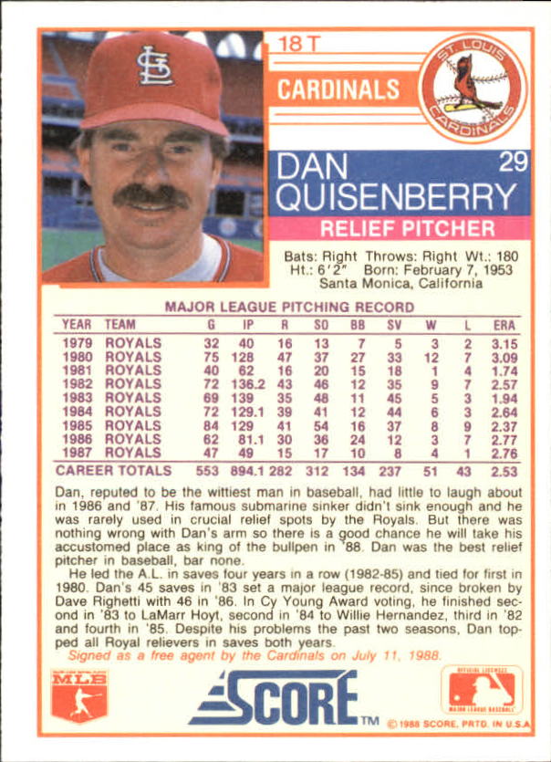 1988 Score Rookie/Traded Glossy #18T Dan Quisenberry back image