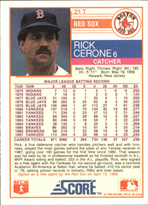 1988 Score Rookie/Traded Glossy #21T Rick Cerone back image
