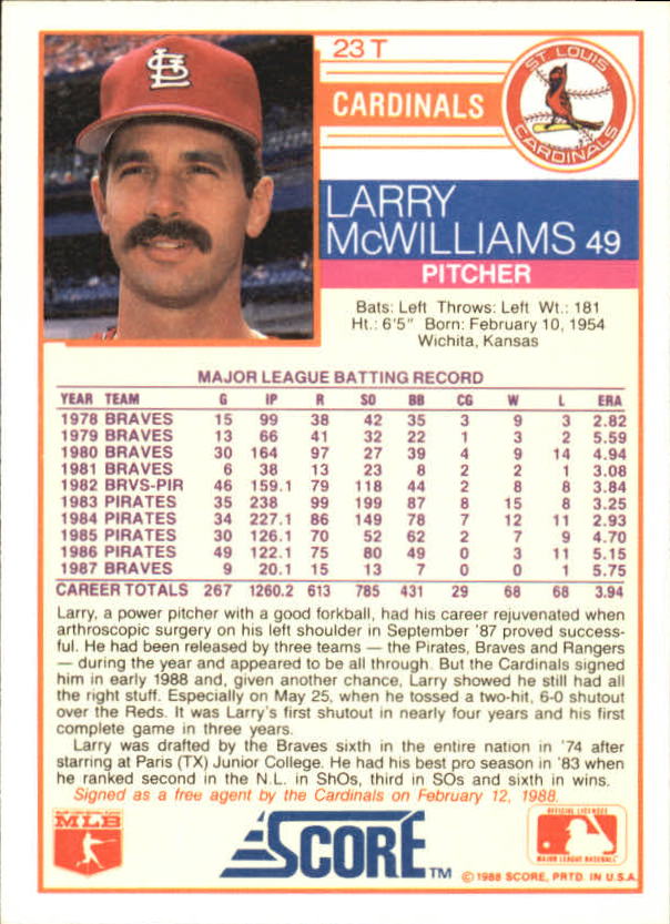 1988 Score Rookie/Traded Glossy #23T Larry McWilliams back image