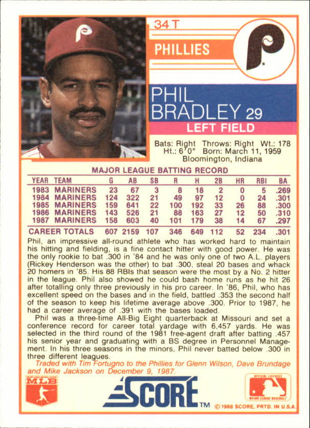 1988 Score Rookie/Traded Glossy #34T Phil Bradley back image