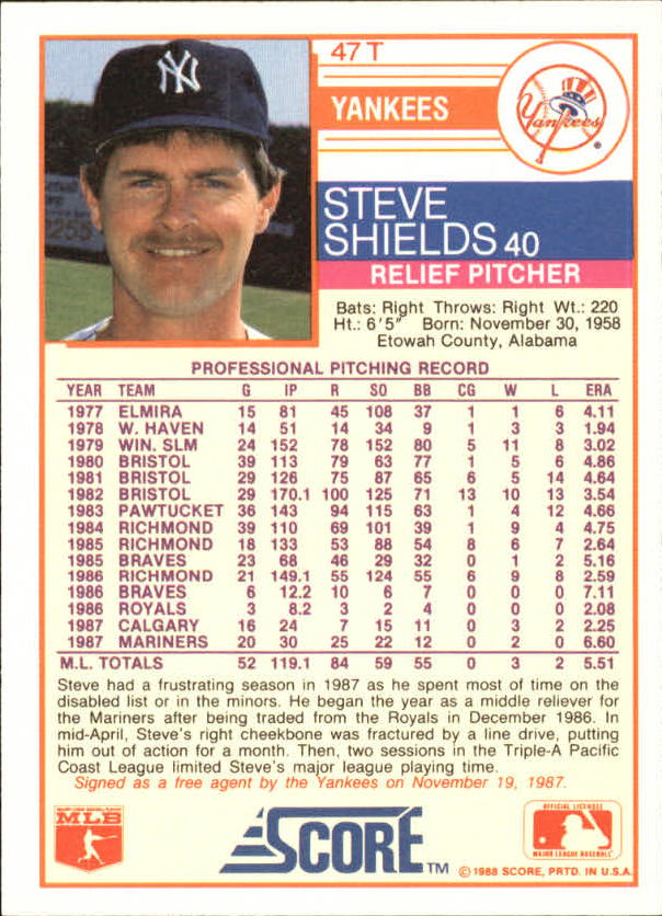 1988 Score Rookie/Traded Glossy #47T Steve Shields back image