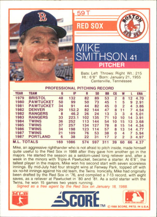 1988 Score Rookie/Traded Glossy #59T Mike Smithson back image