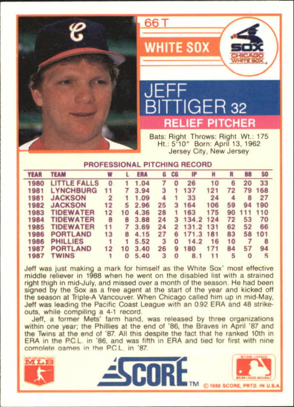 1988 Score Rookie/Traded Glossy #66T Jeff Bittiger back image