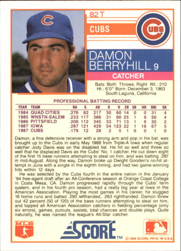 1988 Score Rookie/Traded Glossy #82T Damon Berryhill back image