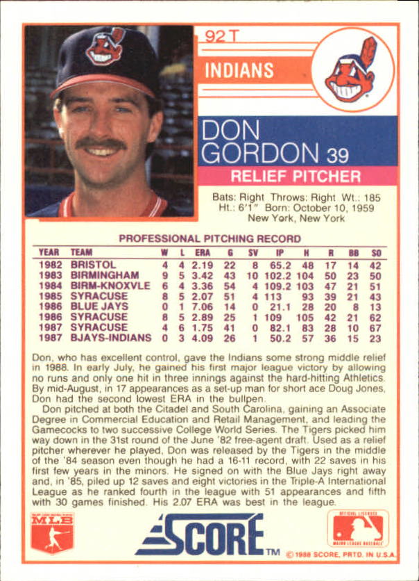 1988 Score Rookie/Traded Glossy #92T Don Gordon back image