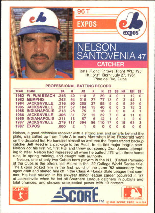 1988 Score Rookie/Traded Glossy #96T Nelson Santovenia back image
