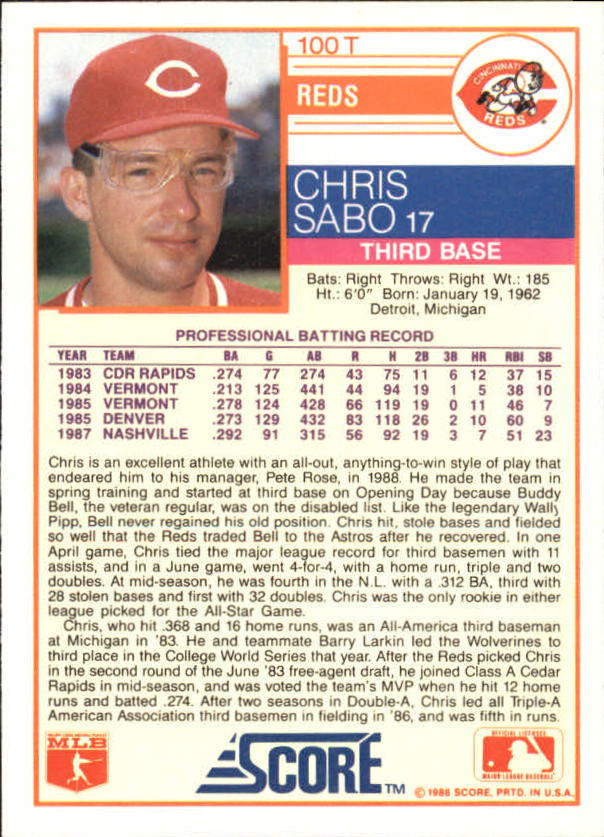 1988 Score Rookie/Traded Glossy #100T Chris Sabo back image