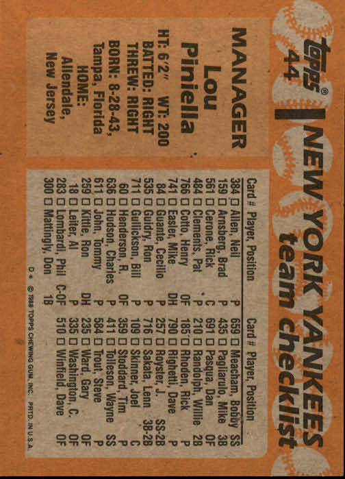 1988 Topps #44 Lou Piniella MG back image