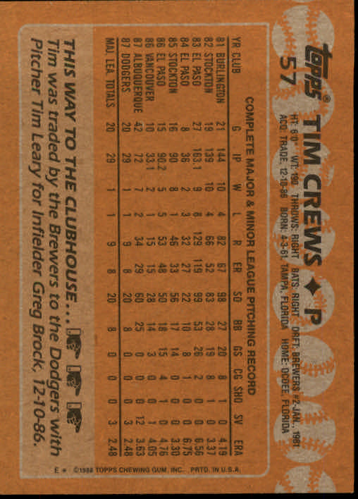 1988 Topps #57 Tim Crews RC back image