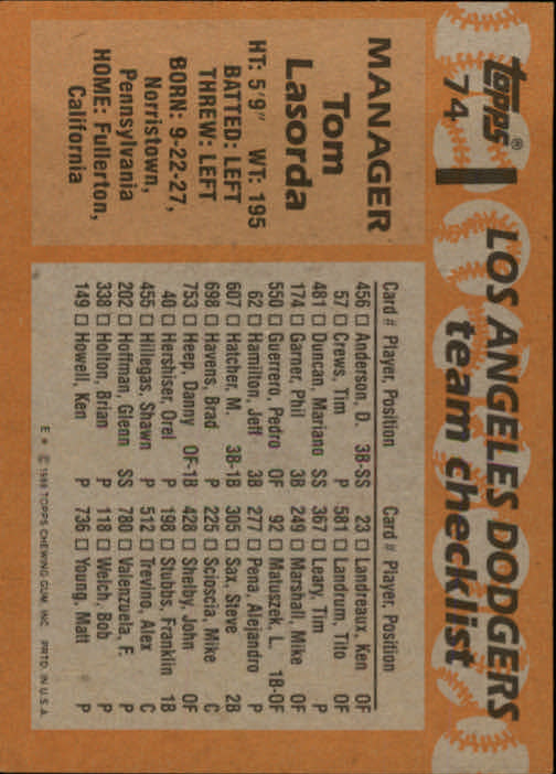 1988 Topps #74 Tom Lasorda MG back image