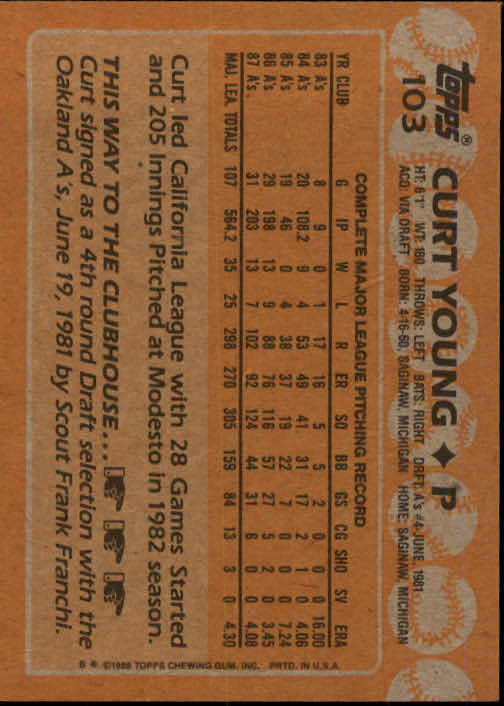 1988 Topps #103 Curt Young back image
