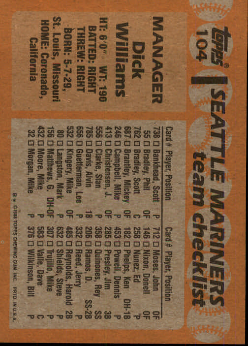 1988 Topps #104 Dick Williams MG back image