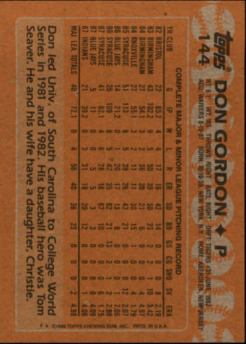 1988 Topps #144 Don Gordon back image