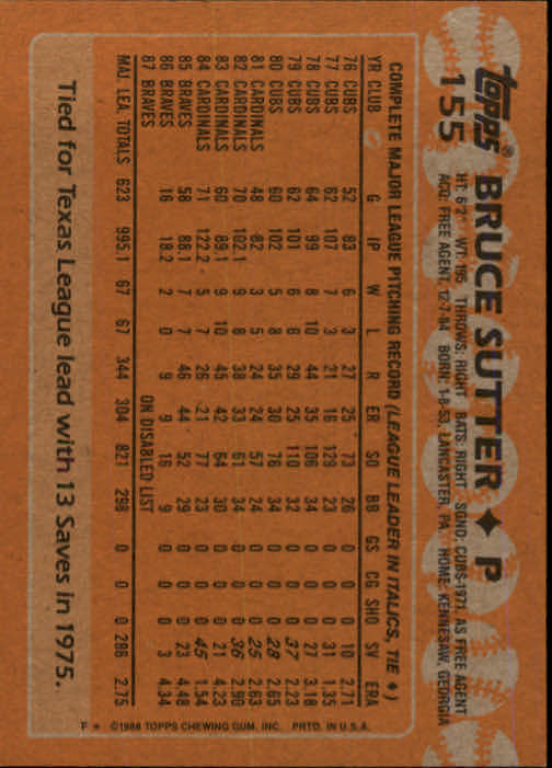 1988 Topps #155 Bruce Sutter back image