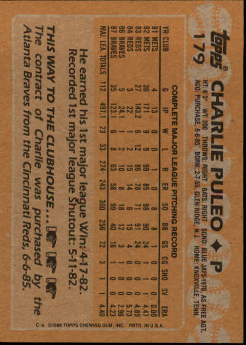 1988 Topps #179 Charlie Puleo back image