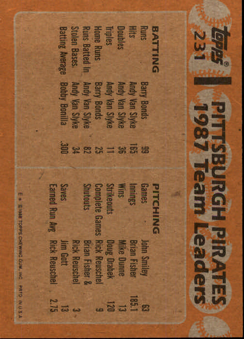 1988 Topps #231 Barry Bonds/Bobby Bonilla TL back image
