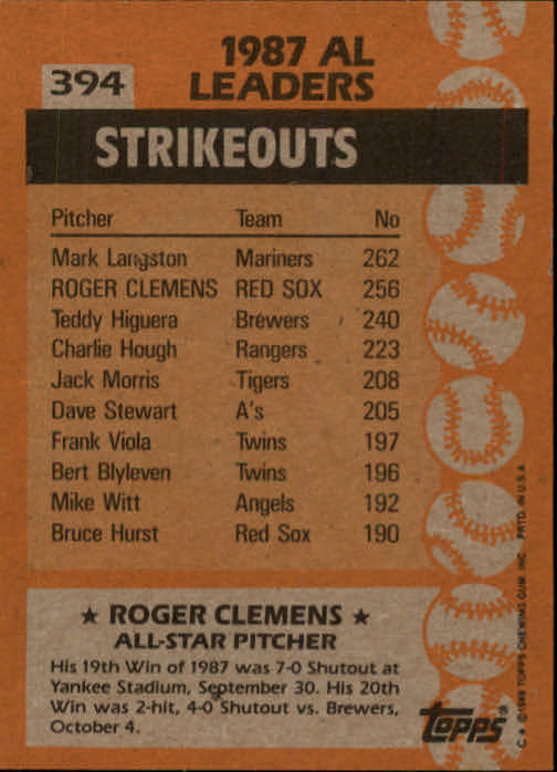 1988 Topps #394 Roger Clemens AS back image
