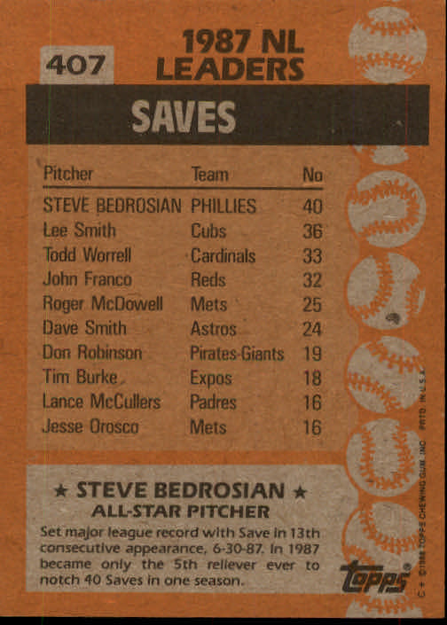 1988 Topps #407 Steve Bedrosian AS back image