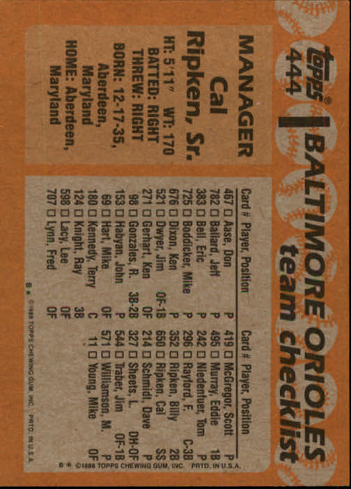 1988 Topps #444 Cal Ripken Sr. MG UER/two copyrights back image