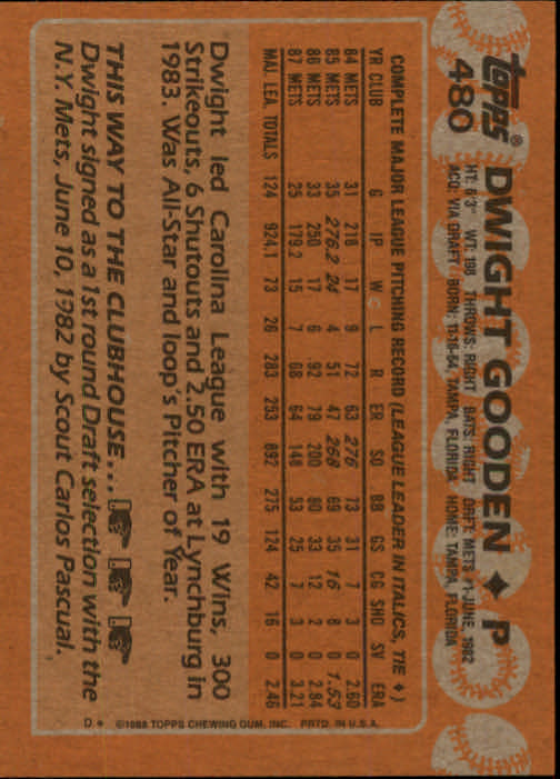 1988 Topps #480 Dwight Gooden back image