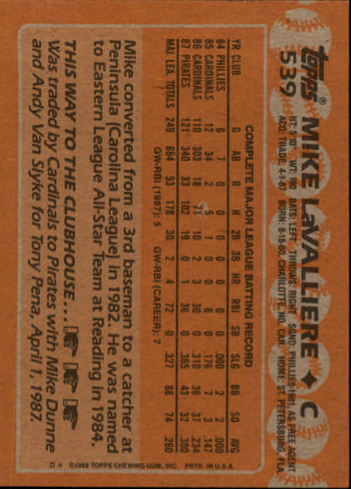 1988 Topps #539 Mike LaValliere back image