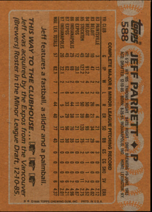 1988 Topps #588 Jeff Parrett back image
