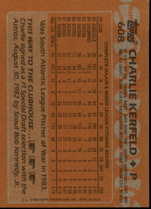1988 Topps #608 Charlie Kerfeld - Astros - NM-MT