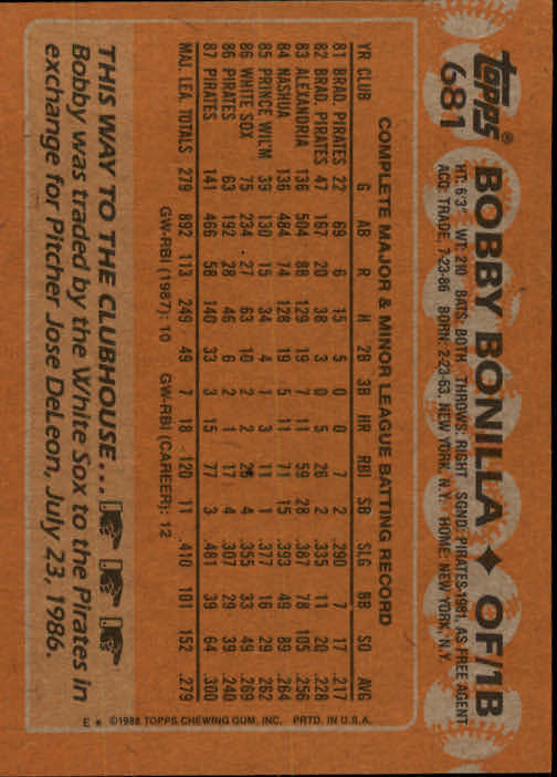 1988 Topps #681 Bobby Bonilla back image