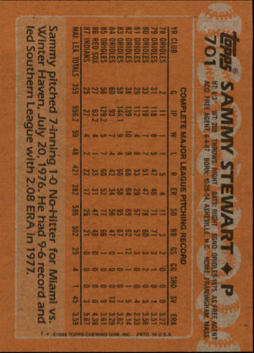 1988 Topps #701 Sammy Stewart back image