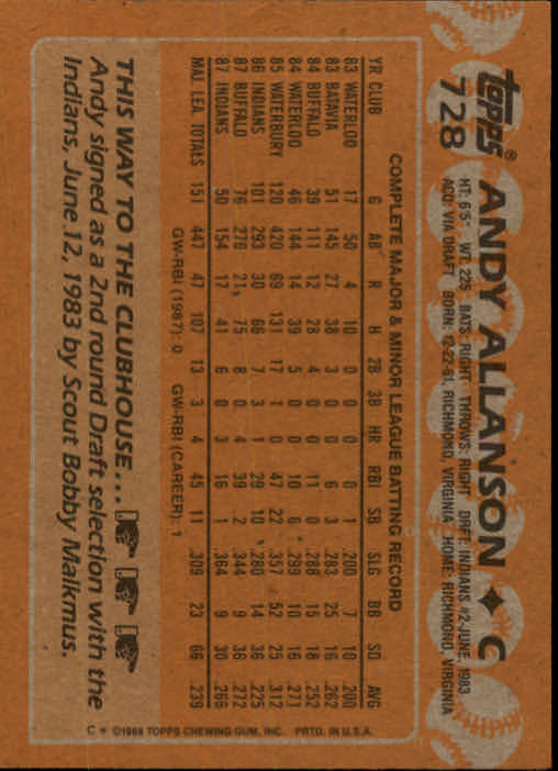 1988 Topps #728 Andy Allanson back image