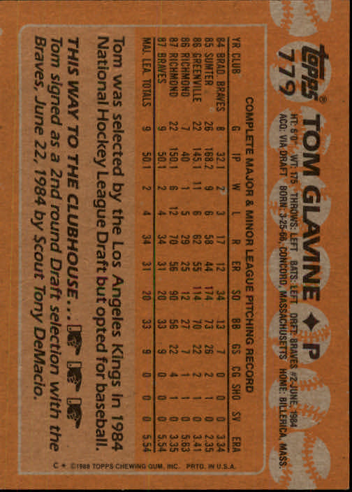 1988 Topps #779 Tom Glavine RC back image