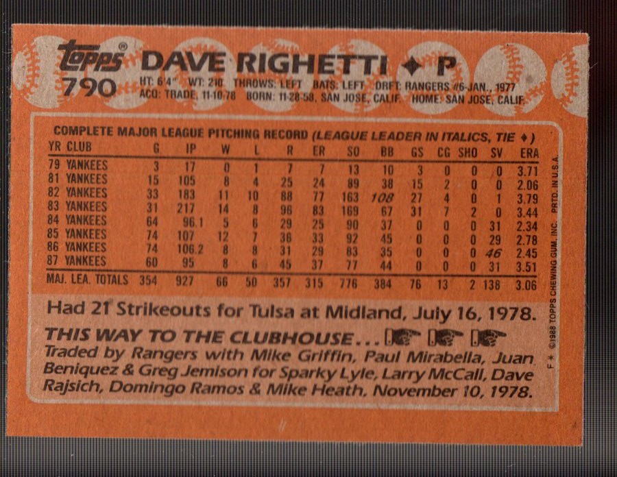 1988 Topps #790 Dave Righetti back image