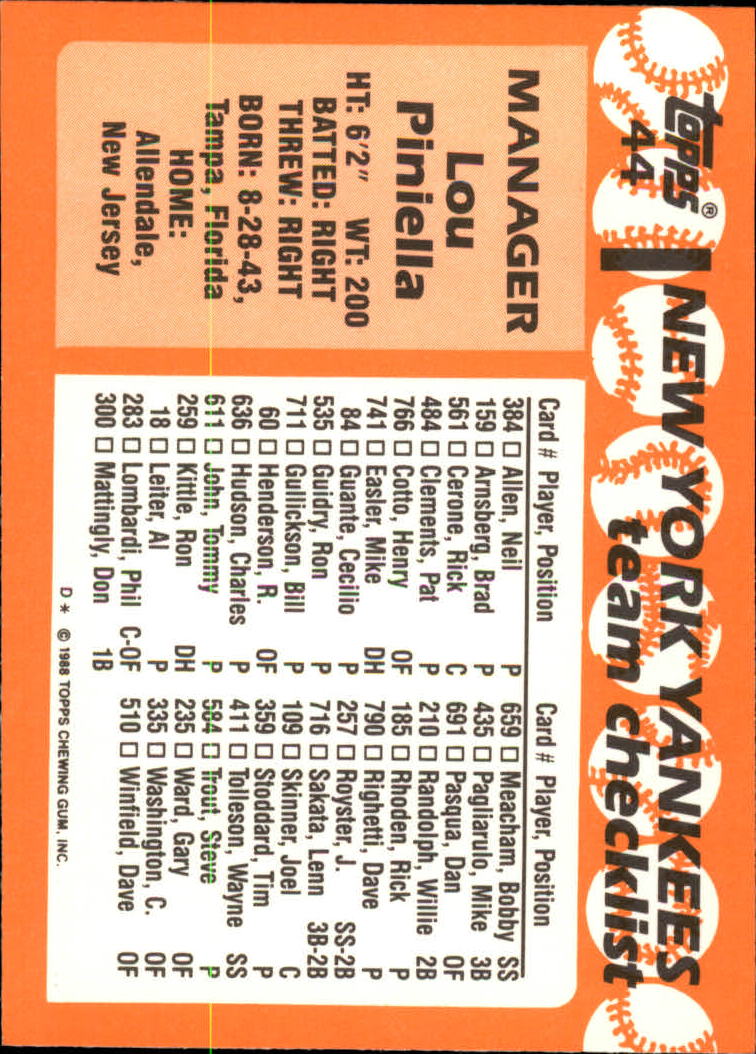 1988 Topps Tiffany #44 Lou Piniella MG/(Checklist back) back image